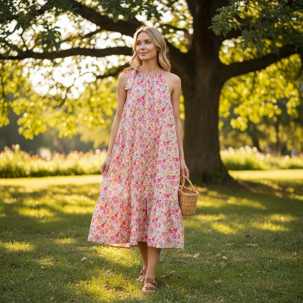Boden Womens Floral Tiered Halter Midi Dress Pink Yellow Cotton Pockets Size 14